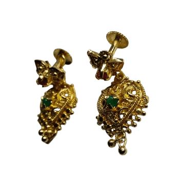 Gold Plated Traditional Indian Jhumka Earrings with Ruby and Emerald Stones view 3