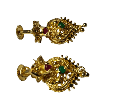 Gold Plated Traditional Indian Jhumka Earrings with Ruby and Emerald Stones view 5