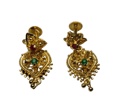 Gold Plated Traditional Indian Jhumka Earrings with Ruby and Emerald Stones view 6