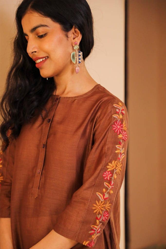 Juhi Brown Kurta With Crewel Embroidered Sleeves view 5