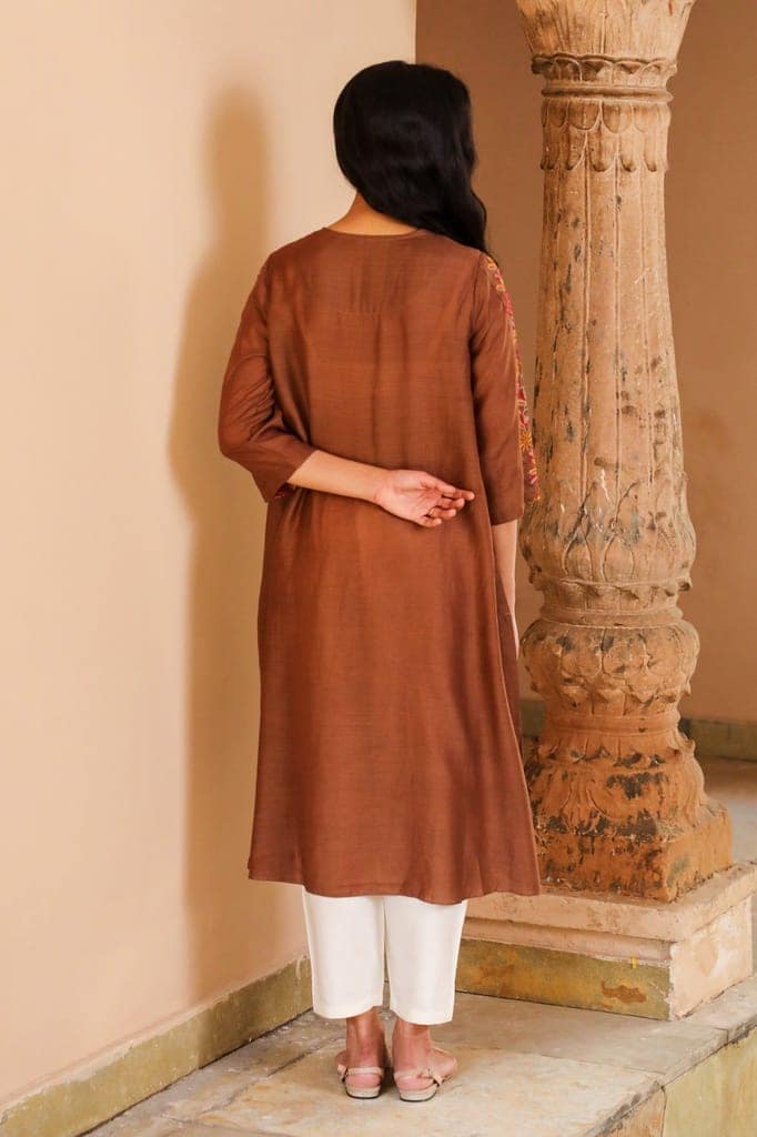 Juhi Brown Kurta With Crewel Embroidered Sleeves view 6
