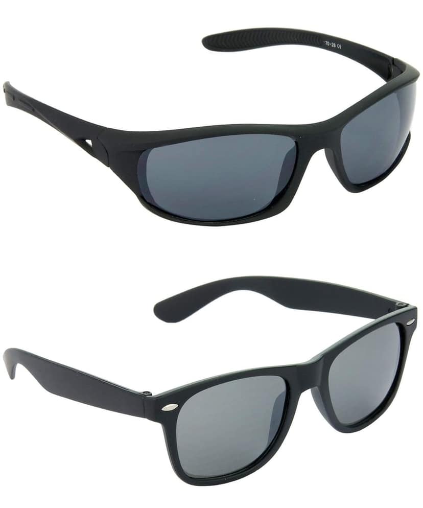 HRINKAR Men Sports Sunglasses Black Frame, Grey & Black Lens (Medium) - Pack of 2