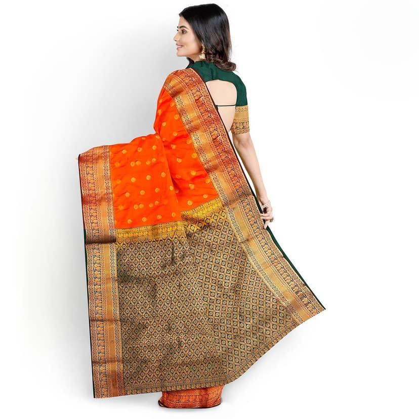 Permissson orange with zari worked border 1000 buttas semi silk saree view 2
