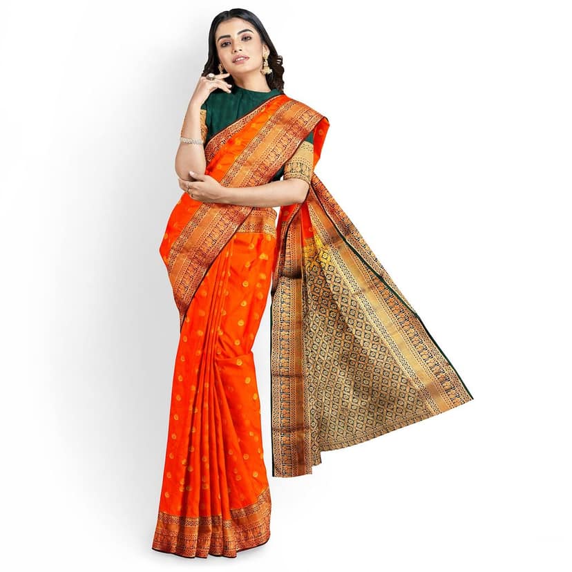 Permissson orange with zari worked border 1000 buttas semi silk saree view 3