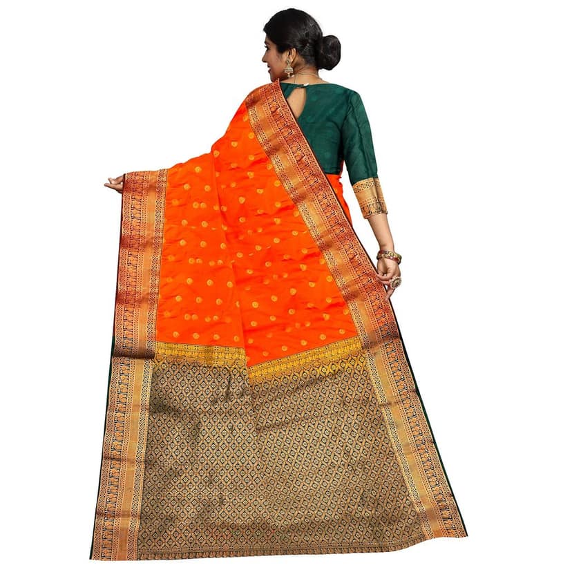 Permissson orange with zari worked border 1000 buttas semi silk saree view 4