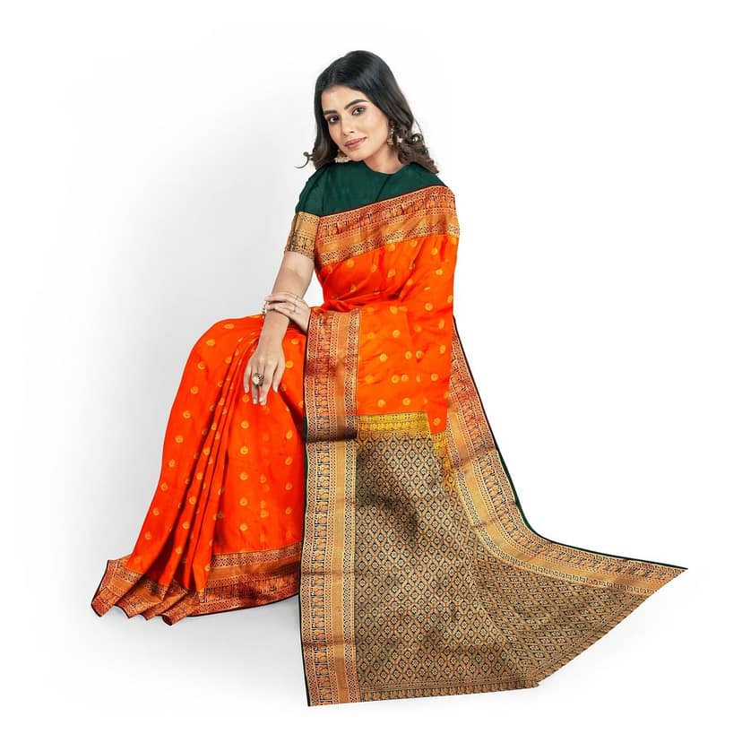 Permissson orange with zari worked border 1000 buttas semi silk saree view 5