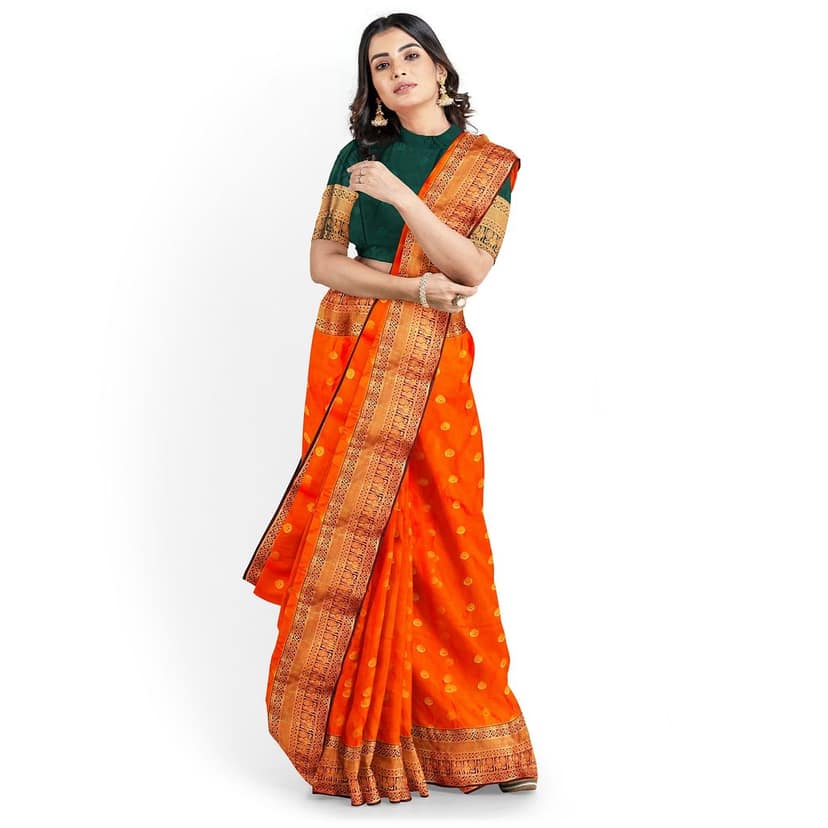 Permissson orange with zari worked border 1000 buttas semi silk saree view 6
