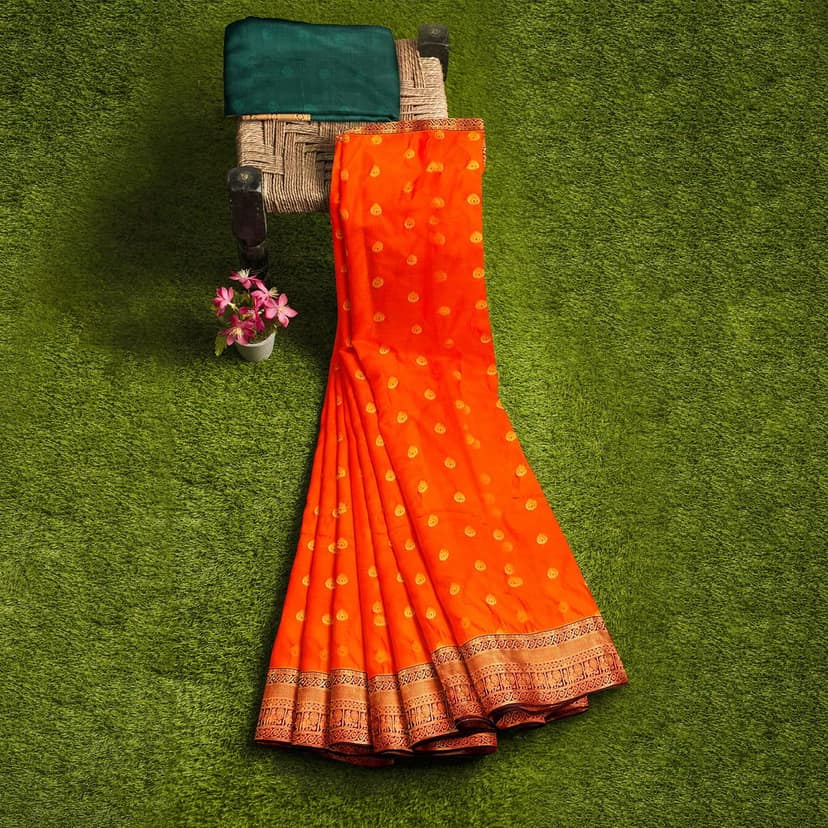 Permissson orange with zari worked border 1000 buttas semi silk saree view 7