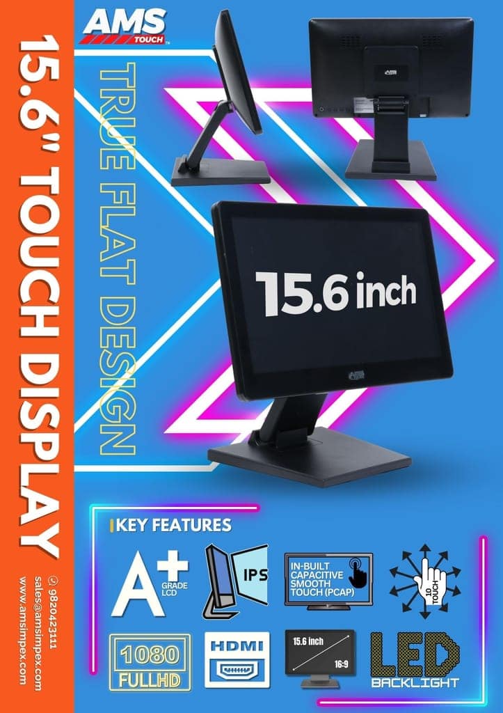 AMS TOUCH 15.6" Capacitive Touch Monitor, 1920 X 1080, FHD A+ IPS Panel, 10 Multi Touch Points, Zero Bezel, IP65 Front view 5