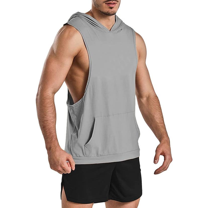 Hot Button Solid Stringer Gym Vest Hoodie for Men with Kangaroo Pocket - Stylish and Functional Workout Apparel view 3