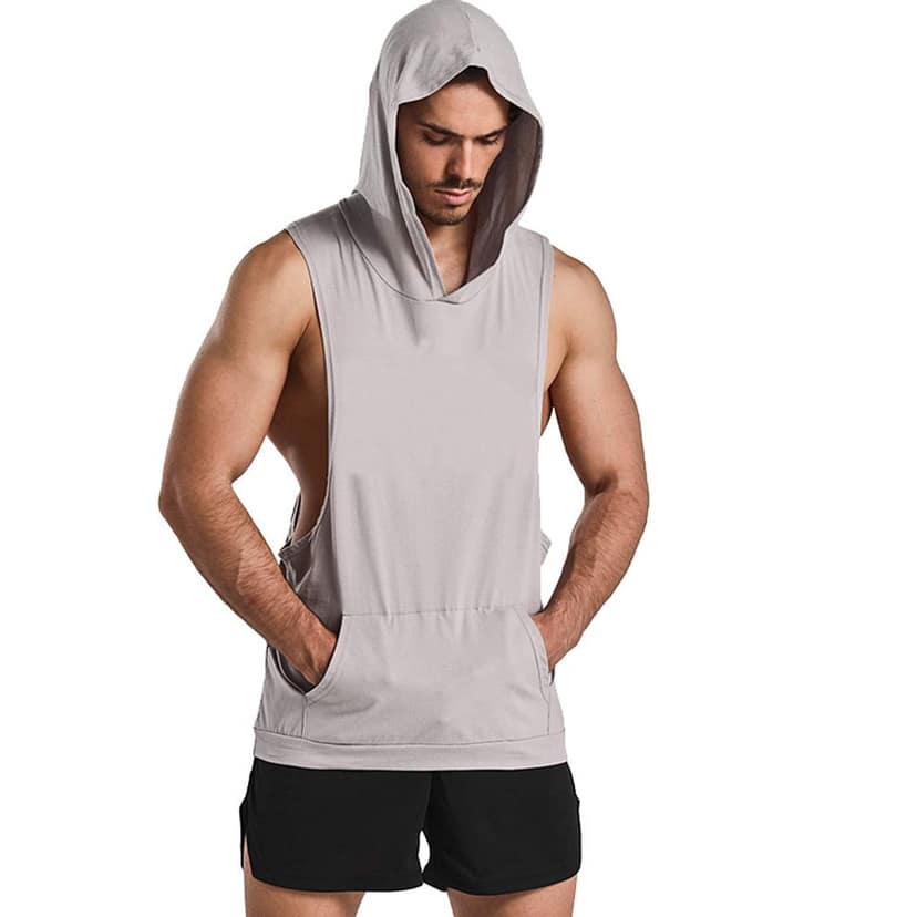 Hot Button Solid Stringer Gym Vest Hoodie for Men with Kangaroo Pocket - Stylish and Functional Workout Apparel view 4