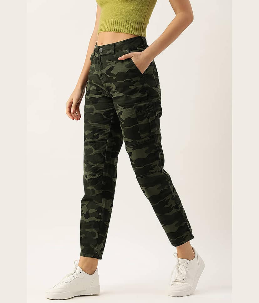 Women Alpine Green Slim Fit Solid Cargo Trousers view 3