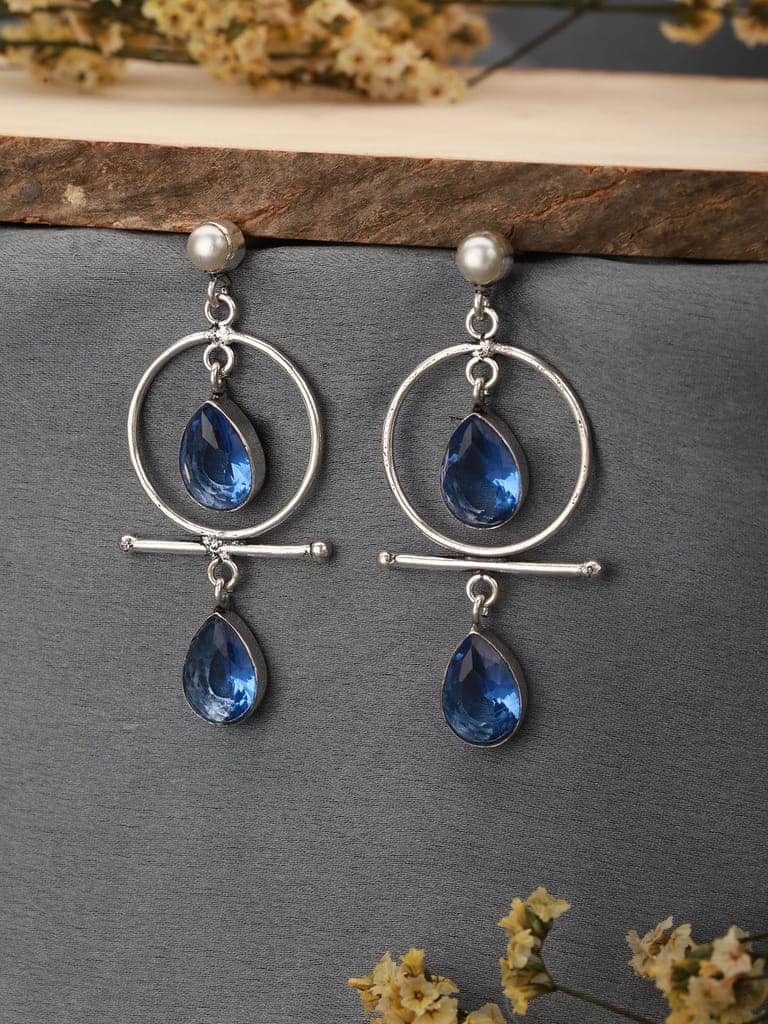 Silver Oxidised Plted Blue Stone AD Minimal T-Shaped Hoop Earrings view 2