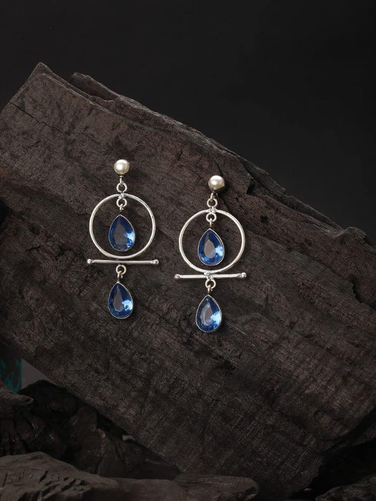 Silver Oxidised Plted Blue Stone AD Minimal T-Shaped Hoop Earrings view 4