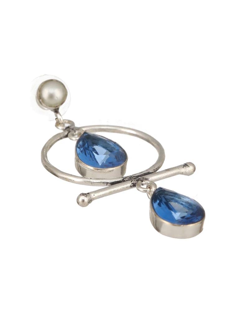 Silver Oxidised Plted Blue Stone AD Minimal T-Shaped Hoop Earrings view 5