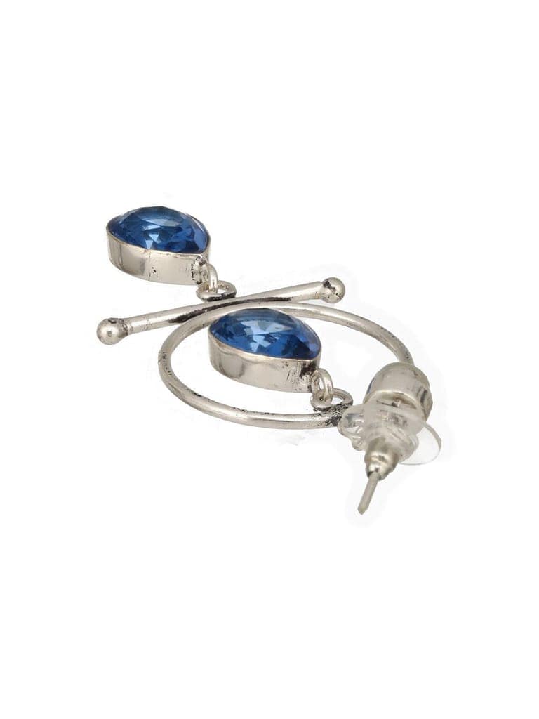 Silver Oxidised Plted Blue Stone AD Minimal T-Shaped Hoop Earrings view 6