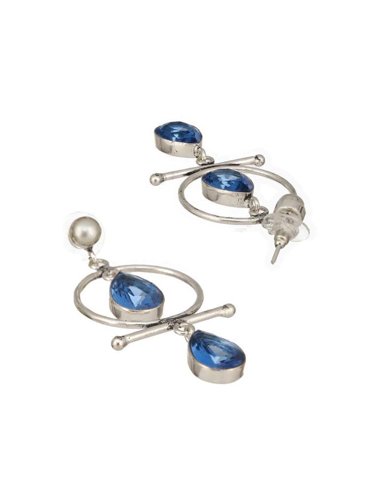 Silver Oxidised Plted Blue Stone AD Minimal T-Shaped Hoop Earrings view 7