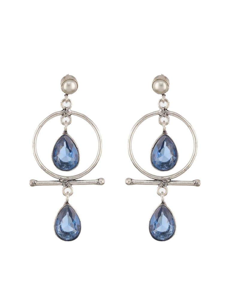 Silver Oxidised Plted Blue Stone AD Minimal T-Shaped Hoop Earrings view 8
