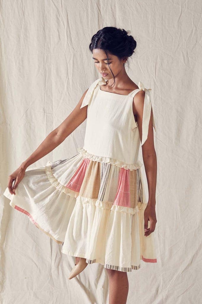 Tie Top Flared Dress In Red And Off White Checks Cotton Khadi Mulmul view 3