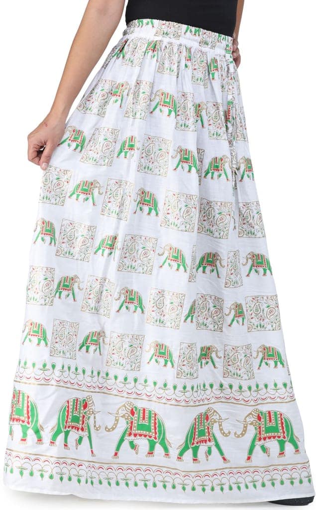 Bright-White Digitally Printed Casual Skirt with Motifs of Elephants And Flowers From Pilkhuwa view 2