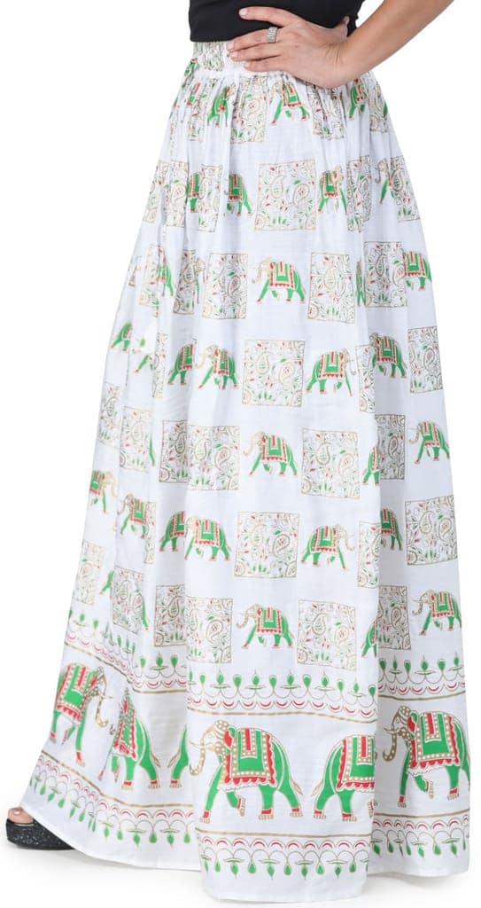 Bright-White Digitally Printed Casual Skirt with Motifs of Elephants And Flowers From Pilkhuwa view 3