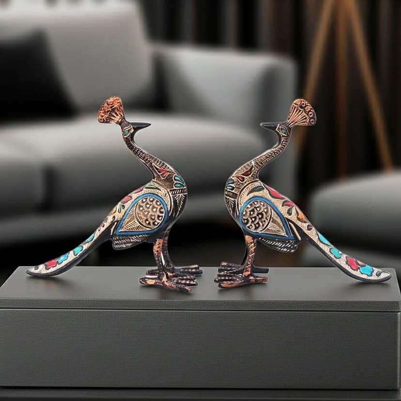 Handcrafted Brass Peacock Pair Statue for Home Decor & Vastu, Height : 7.5 Inch (ANMAS250 A)