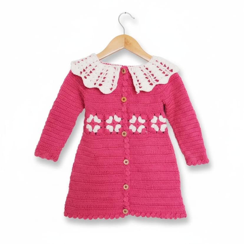 Girls Pink Knitted Dress with Crochet Collar view 2