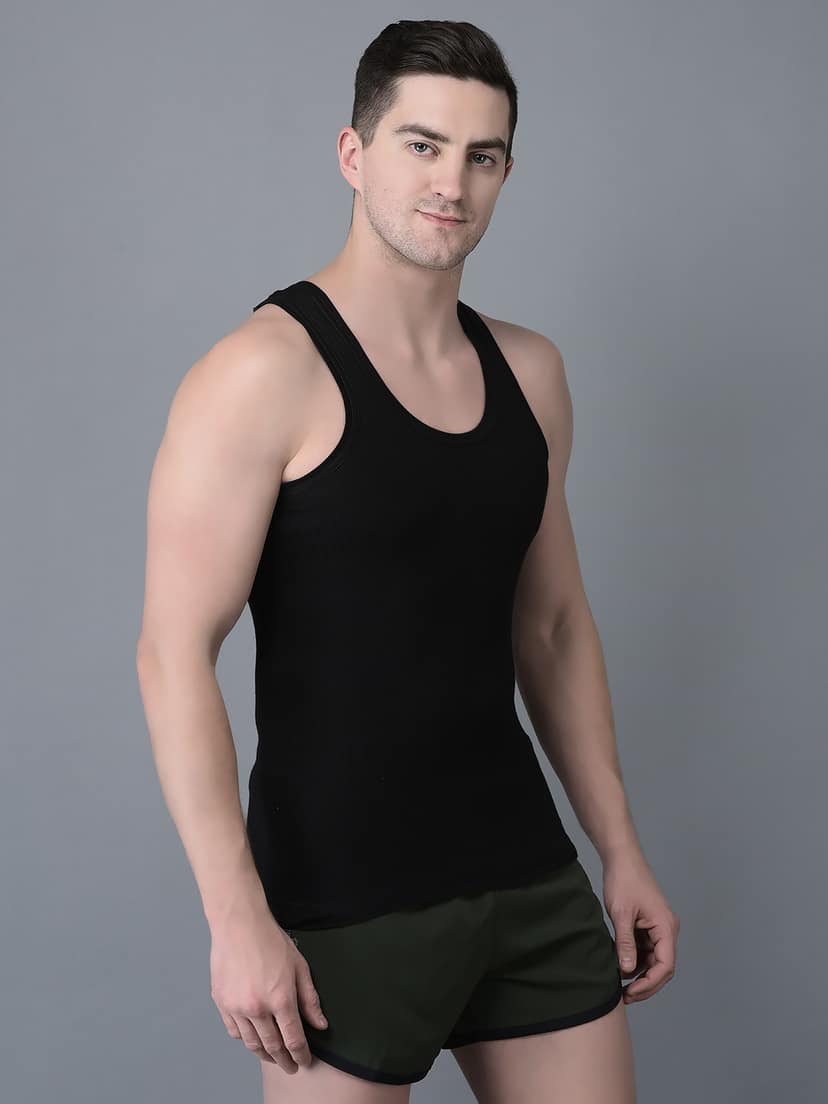 Men's Black Pack of 7 Solid Combed Cotton Vest view 2