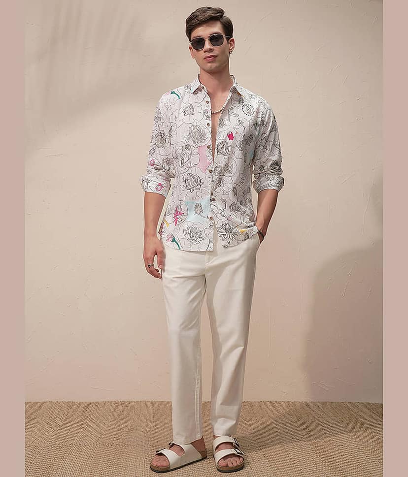 Highlander 100% Cotton Slim Fit Printed Full Sleeves Men's Casual Shirt - Cream ( Pack of 1 ) view 2