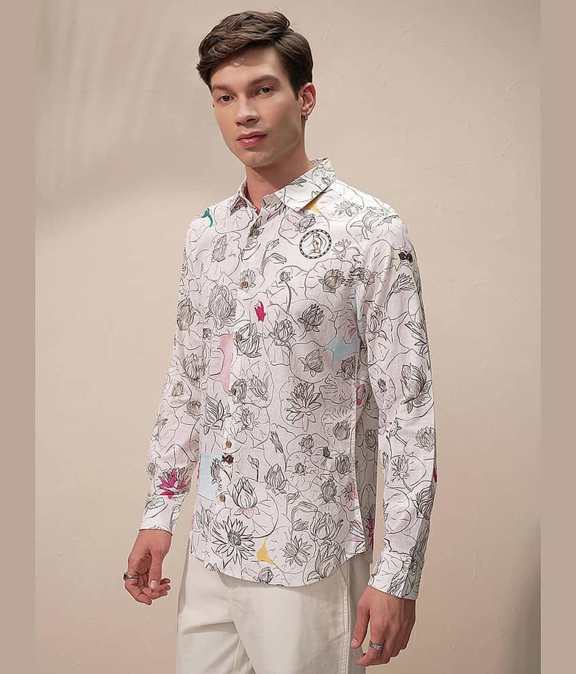 Highlander 100% Cotton Slim Fit Printed Full Sleeves Men's Casual Shirt - Cream ( Pack of 1 ) view 4