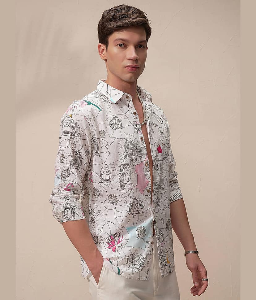 Highlander 100% Cotton Slim Fit Printed Full Sleeves Men's Casual Shirt - Cream ( Pack of 1 ) view 6