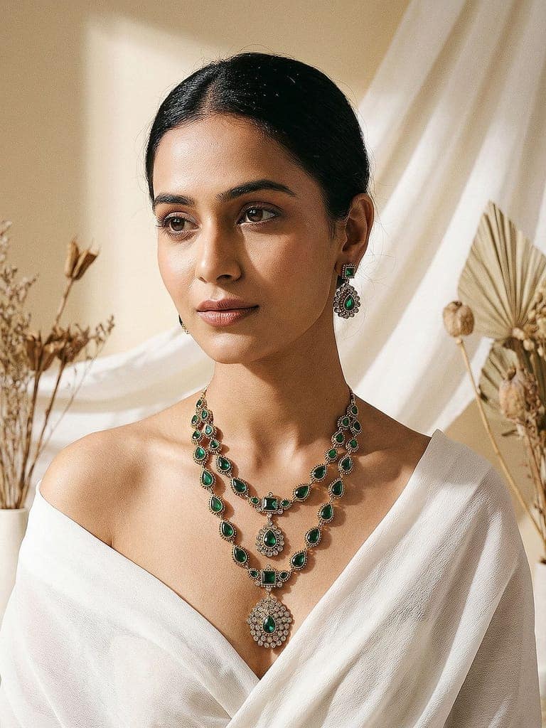 Antique Gold Polish Emerald Green layered Bridal Statement Necklace Jewellery Set view 3