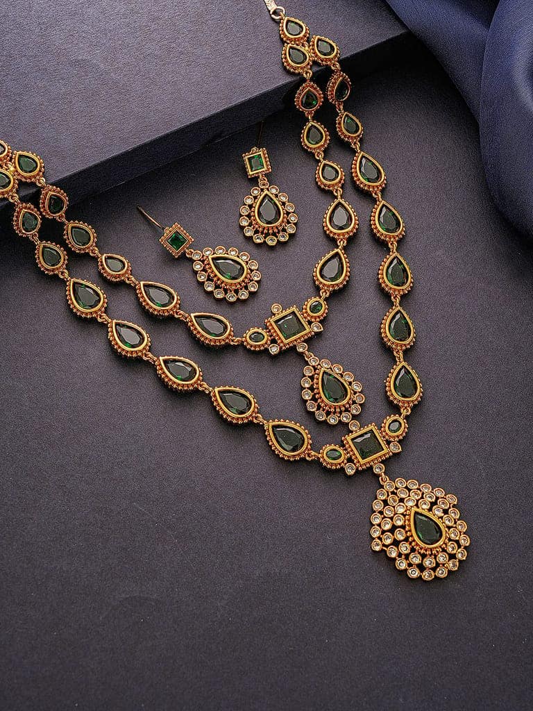 Antique Gold Polish Emerald Green layered Bridal Statement Necklace Jewellery Set view 4