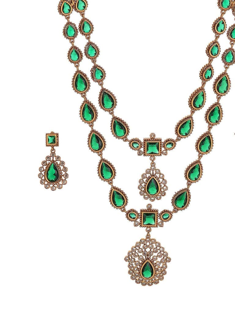 Antique Gold Polish Emerald Green layered Bridal Statement Necklace Jewellery Set view 7