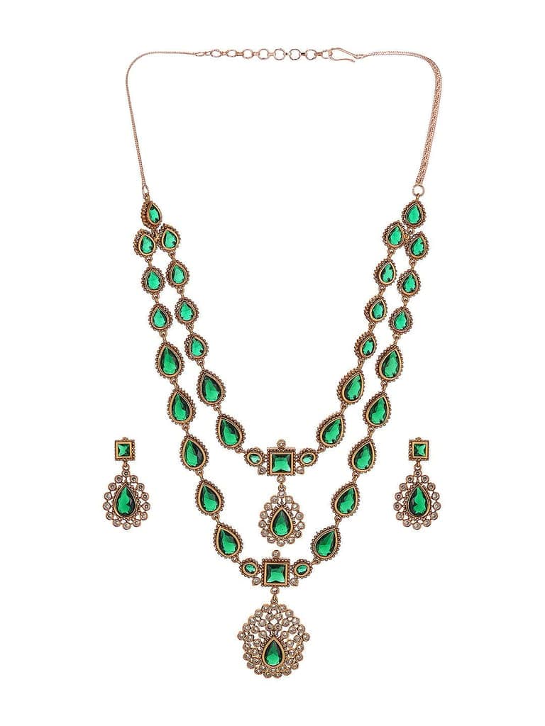 Antique Gold Polish Emerald Green layered Bridal Statement Necklace Jewellery Set view 8