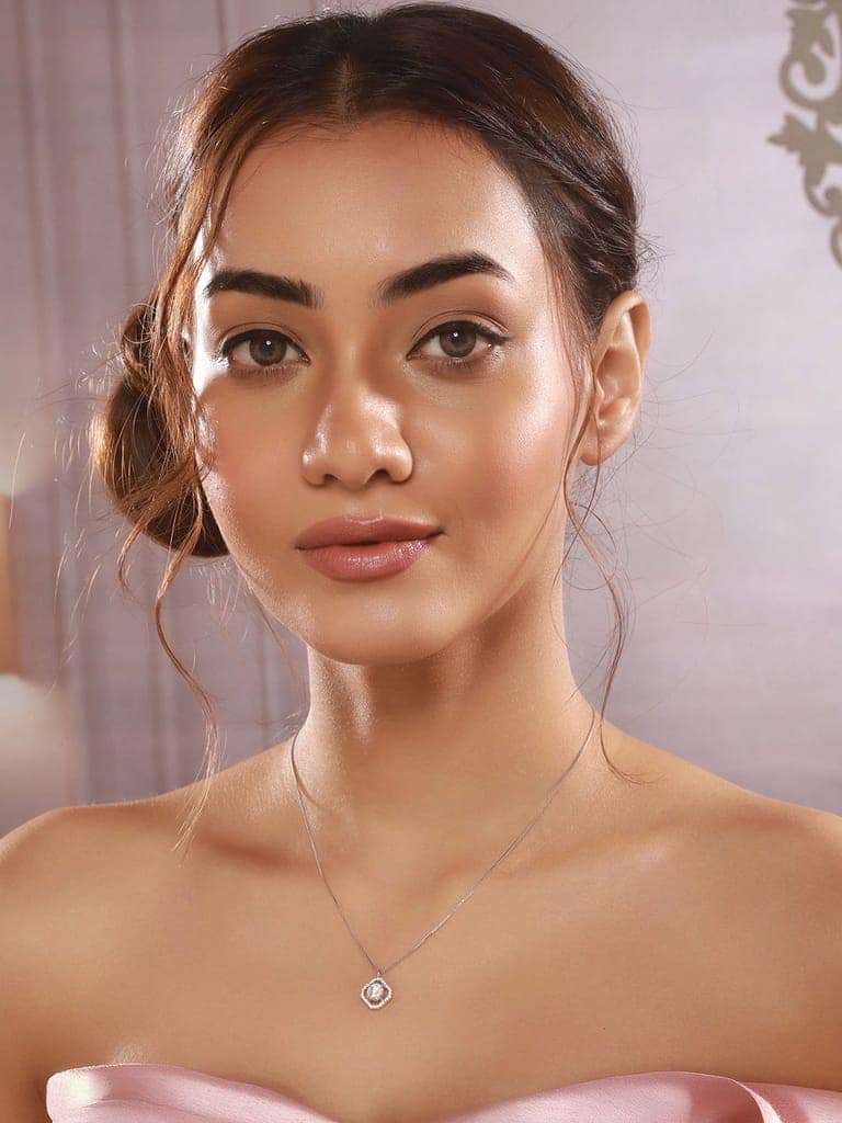 925 Sterling Silver Zircon Square Halo Solitaire Minimal Pendant Necklace & Chain view 2