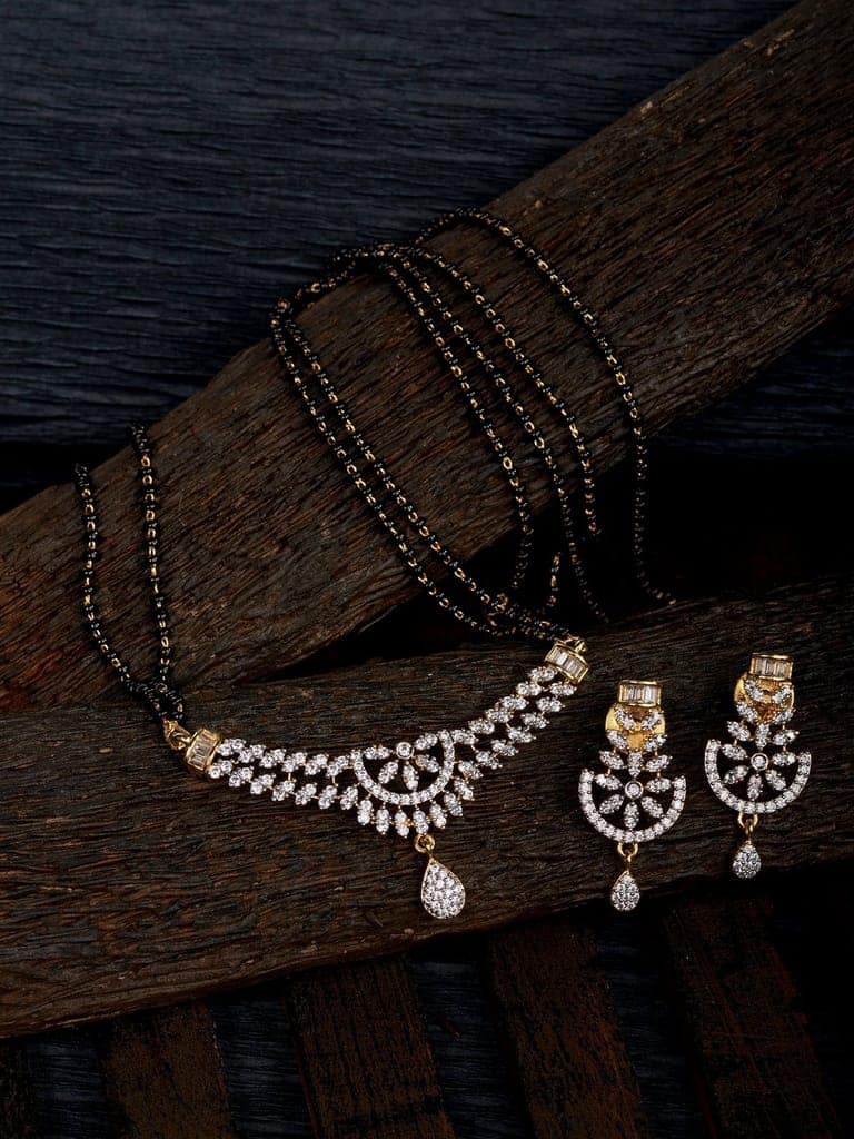 Gold Plated Black & White AD Studded & Beaded Mangalsutra Matching Earrings view 2