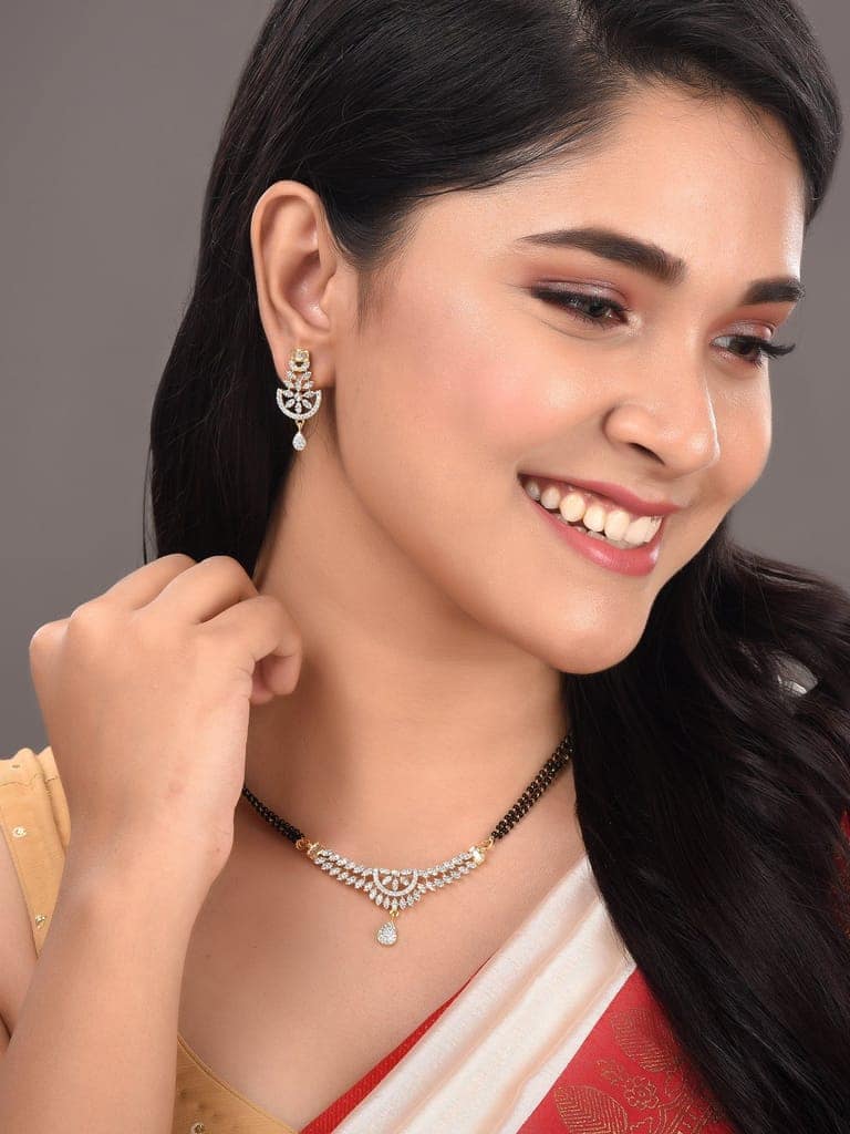Gold Plated Black & White AD Studded & Beaded Mangalsutra Matching Earrings view 4