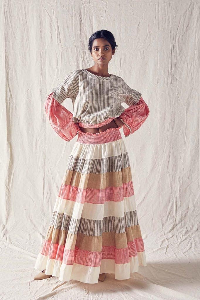 Pieced Smock Dress/Skirt In Red And Off White Checks Cotton Khadi Mulmul And Organic Cotton view 3