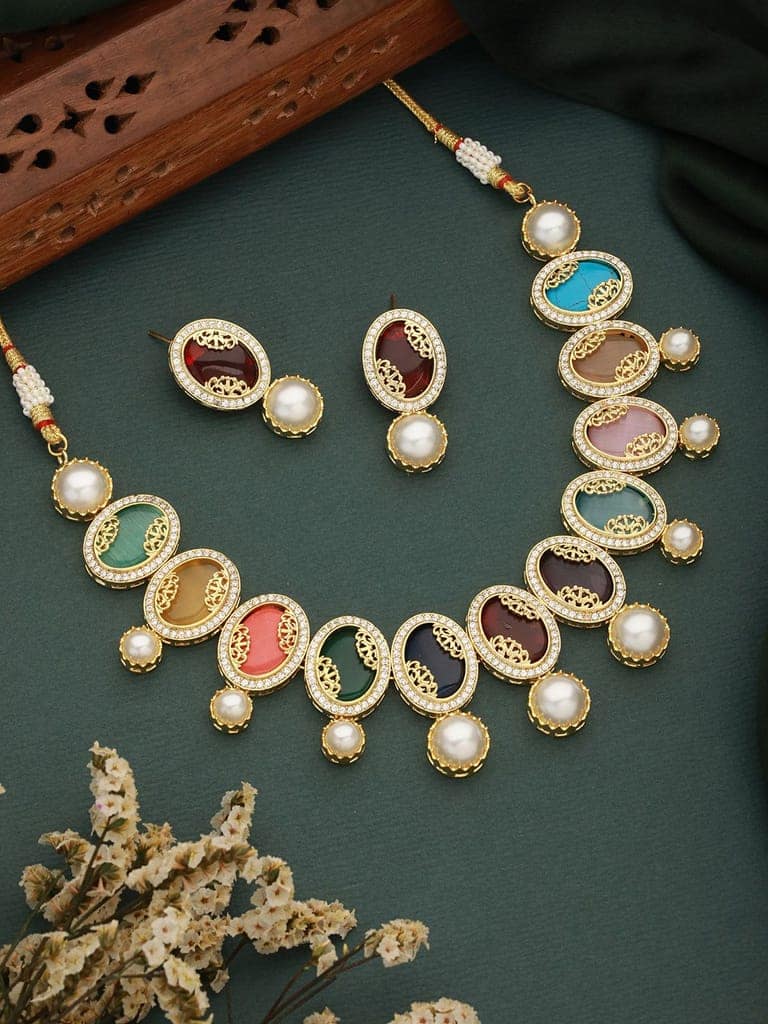 Gold Plated Nav Ratan Kundan & Pearl Beaded Statement Choker Jewellery Set view 2