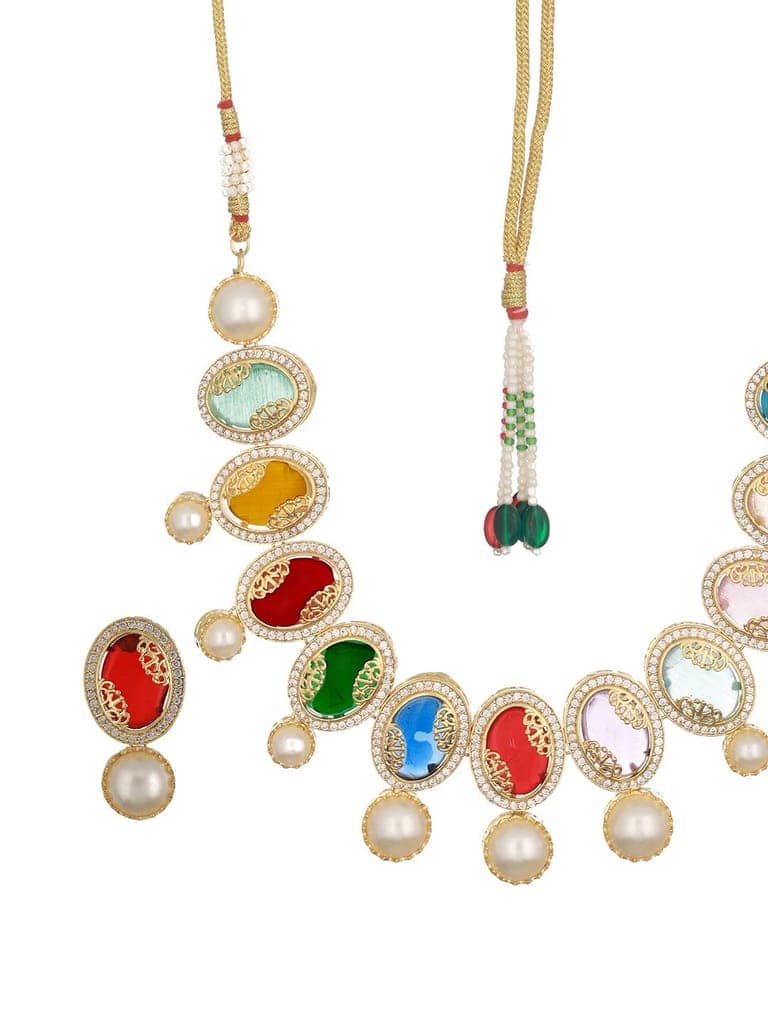 Gold Plated Nav Ratan Kundan & Pearl Beaded Statement Choker Jewellery Set view 4
