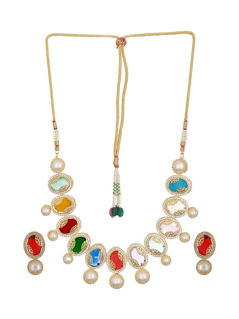 Gold Plated Nav Ratan Kundan & Pearl Beaded Statement Choker Jewellery Set view 5