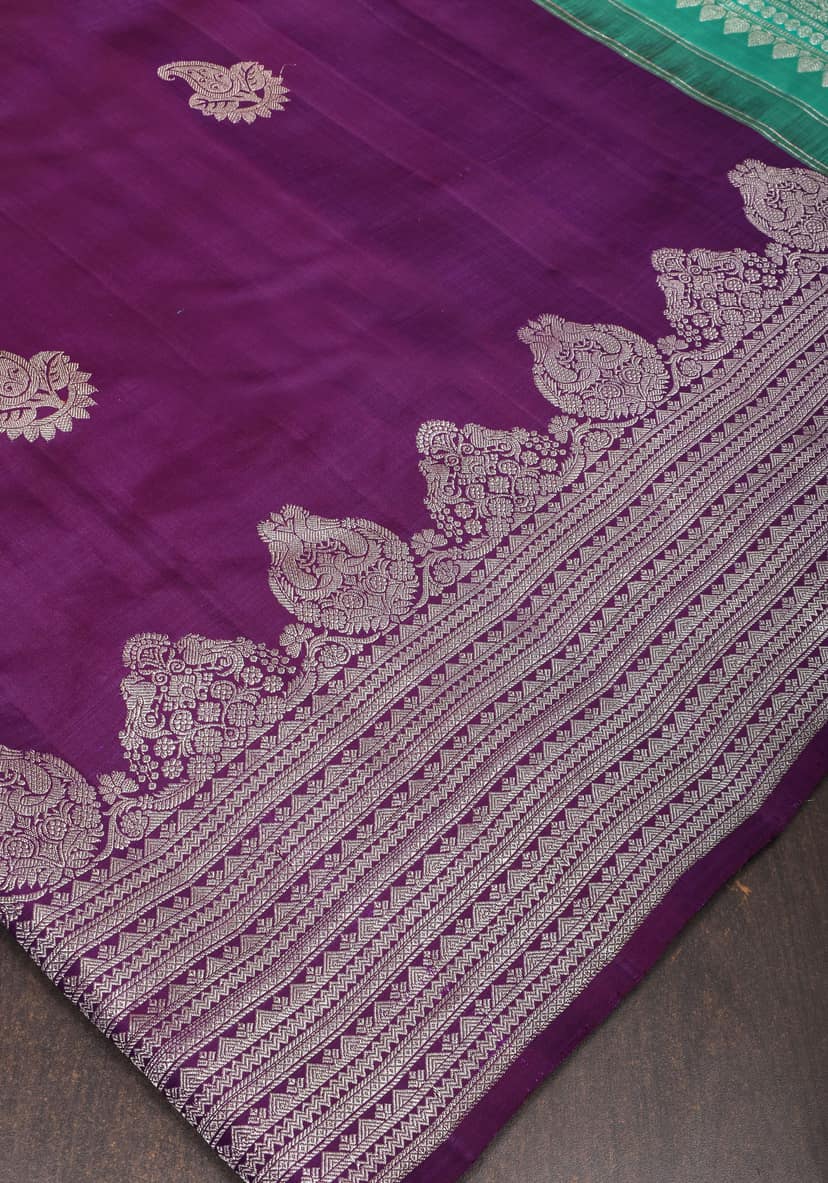 Regal Purple Kanjivaram Silk Saree with Paisley zari Motifs and scalloped borders| | SILK MARK CERTIFIED view 2