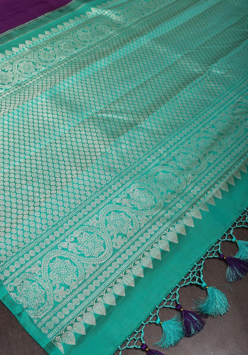 Regal Purple Kanjivaram Silk Saree with Paisley zari Motifs and scalloped borders| | SILK MARK CERTIFIED view 5
