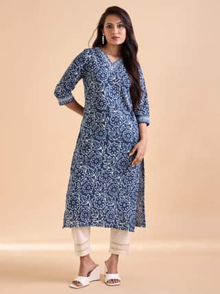 Blue Cotton Katha Printed Kurthi With Embroidery Sequins Work