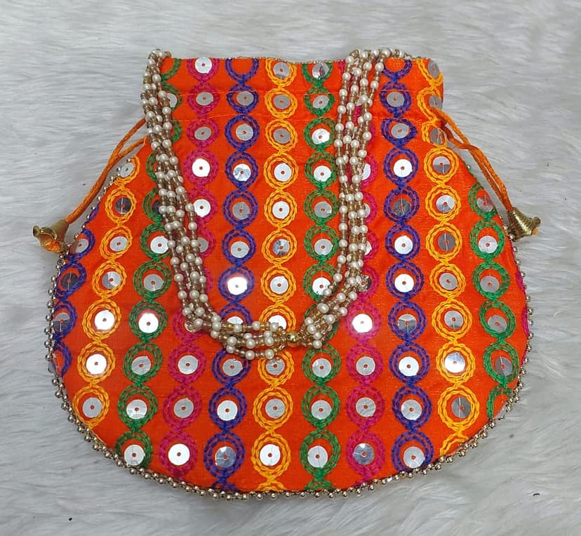 Vibrant Orange Embroidered Sequin Potli Bag with Pearl Handle