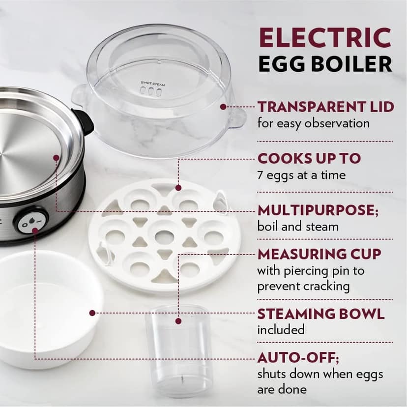 Elina Smart Stainless Steel Egg Boiler | Boil up to 7 Eggs - 360 Watts | 3 Boiling levels: Soft, Middle and Hard | Automatic, Overheat Protection | Easy to clean | 1Year Warranty view 2