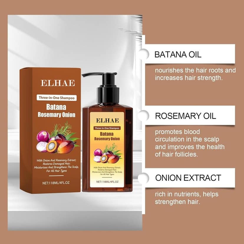 ELHAE 3 in 1 Batana Rosemary Onion Shampoo | Natural Hair Repair Formula | Reduces Hair Fall, Strengthens Roots & Moisturizes Scalp | For All Hair Types | Sulfate-Free, Paraben-Free view 6