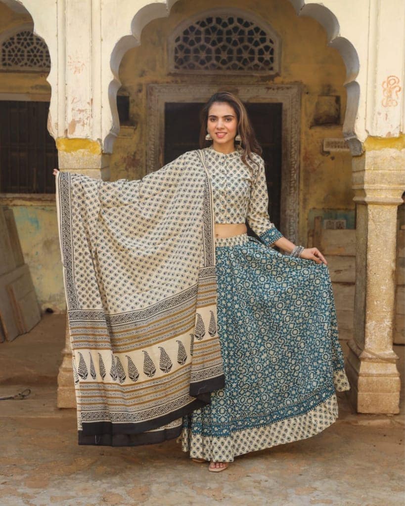 Handblock Printed Cotton Lehanga And Top With Mulmul Dupatta (Size 34-46) Beige Color-7337 view 2