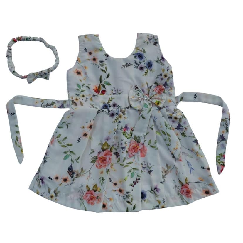 Mom and Me Girls Plain Colour Frock Dress with Flower & Matching Hair Belt | Sleeveless Crepe Fabric | Calf Length (in, Age, 12 Months, 18 Months, White)
